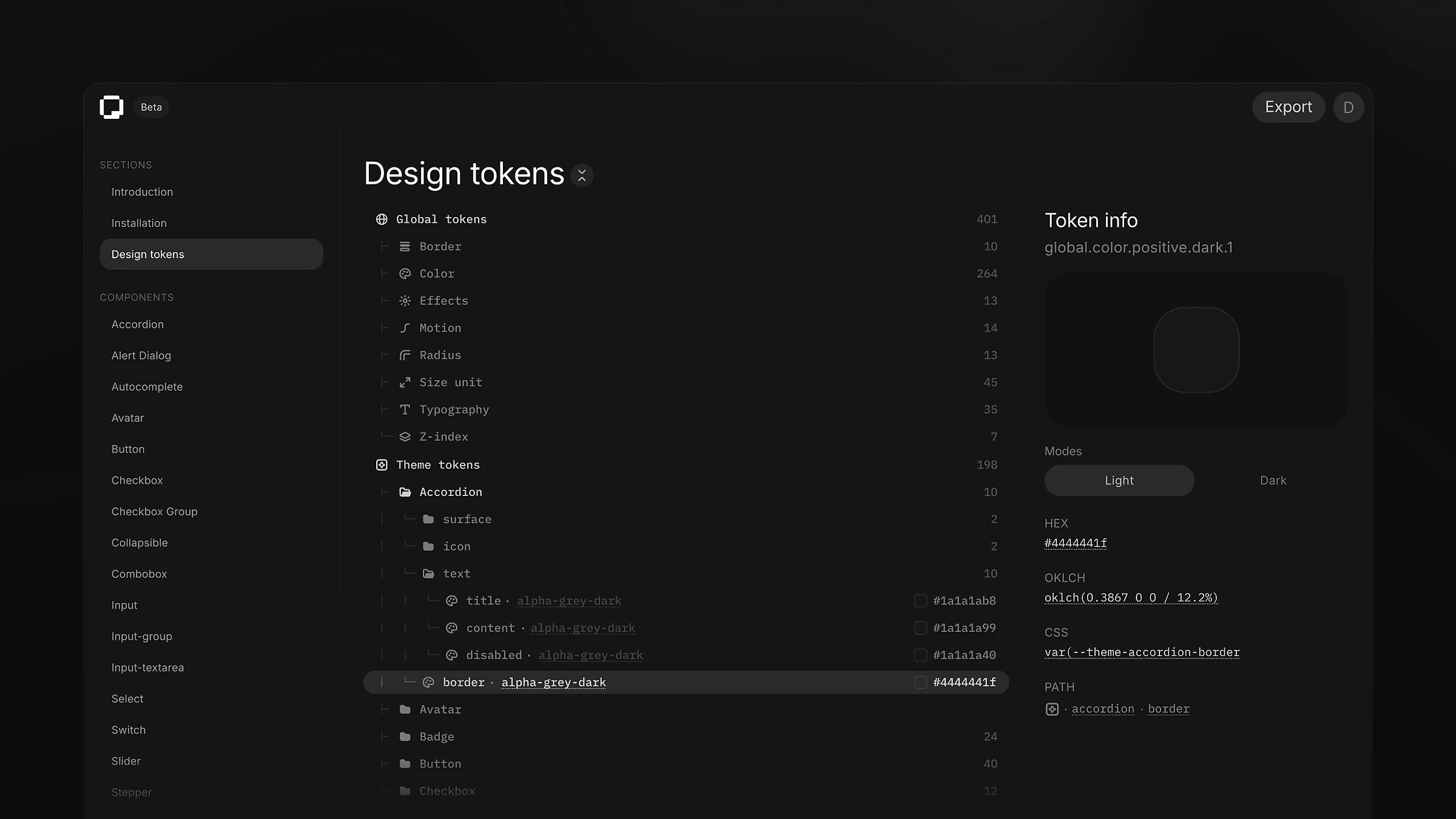 Design tokens panel — global and theme token tree with hex, OKLCH and CSS variable values