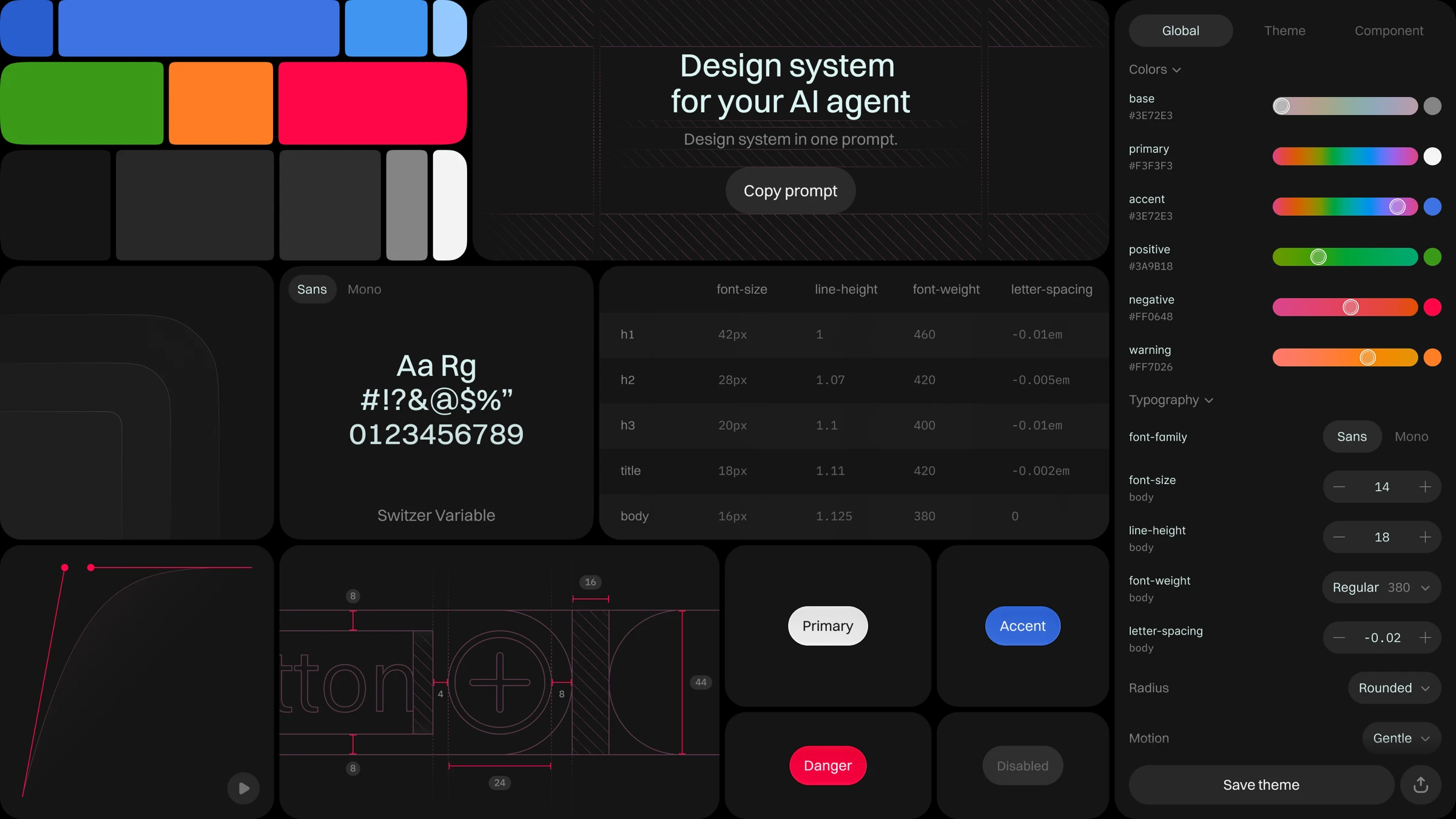 Design system generator for an AI agent — color, typography, radius and motion controls with live buttons