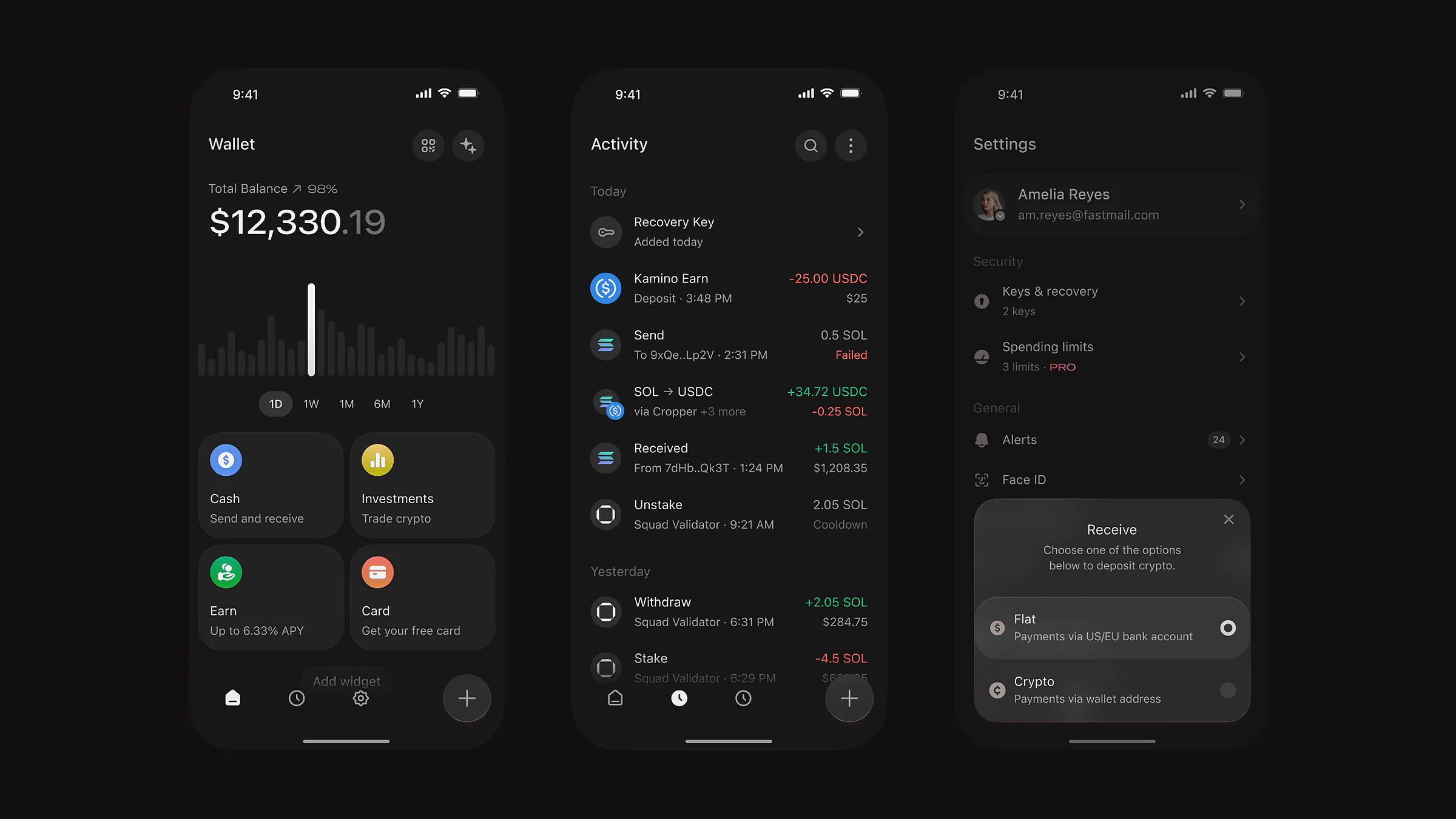 Crypto wallet app, dark theme — balance, activity and settings screens