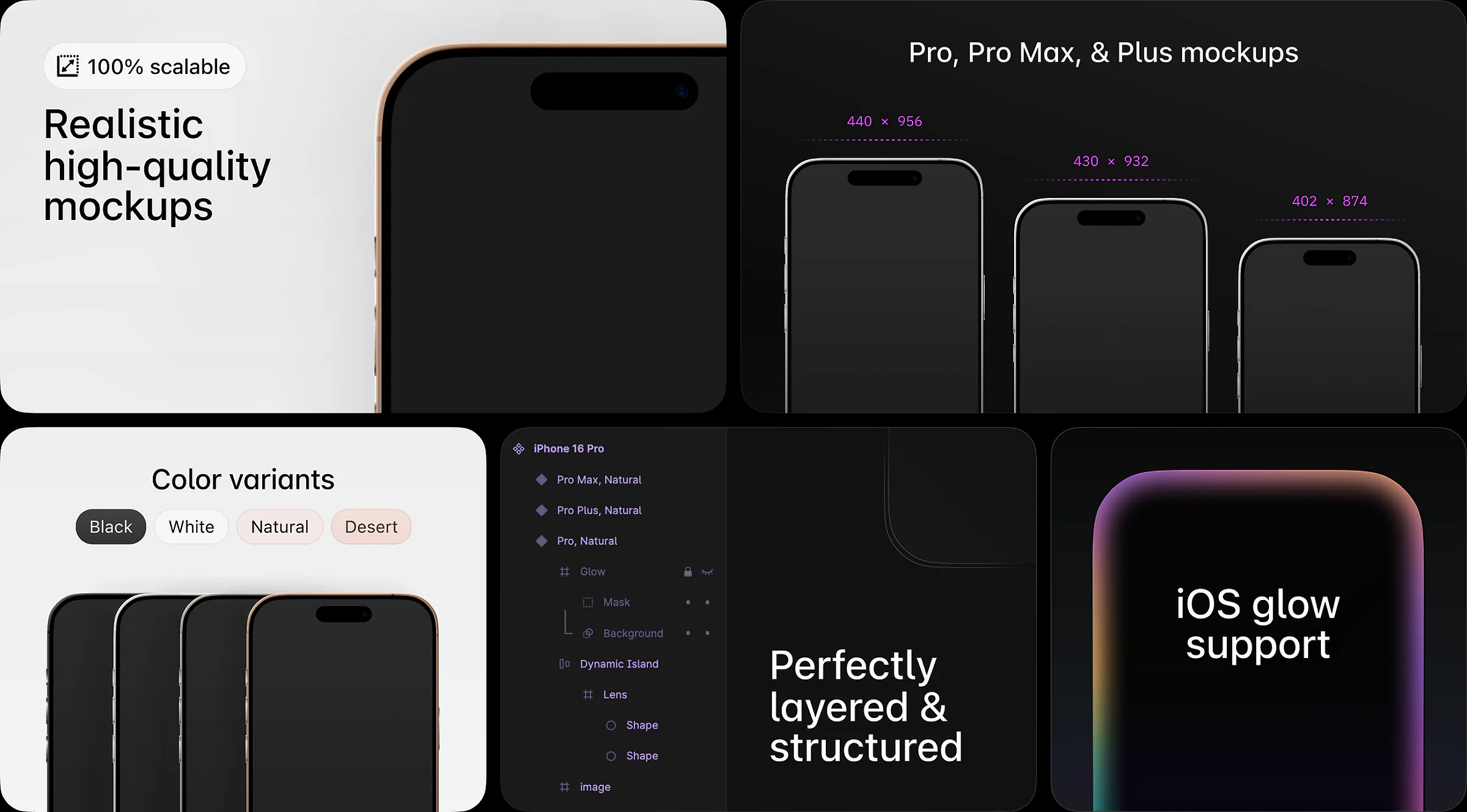 iPhone 16 Pro, Pro Max and Plus mockups in four color variants with layered Figma structure