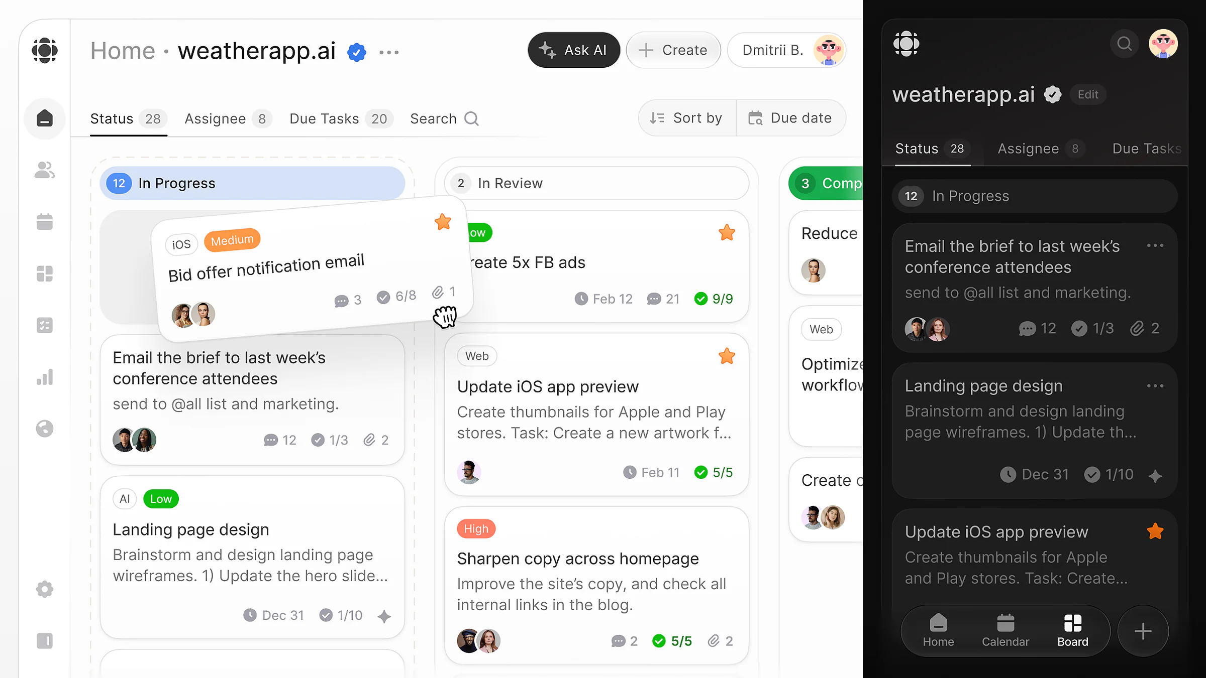 Kanban board, desktop and mobile — task cards tagged AI, iOS and web