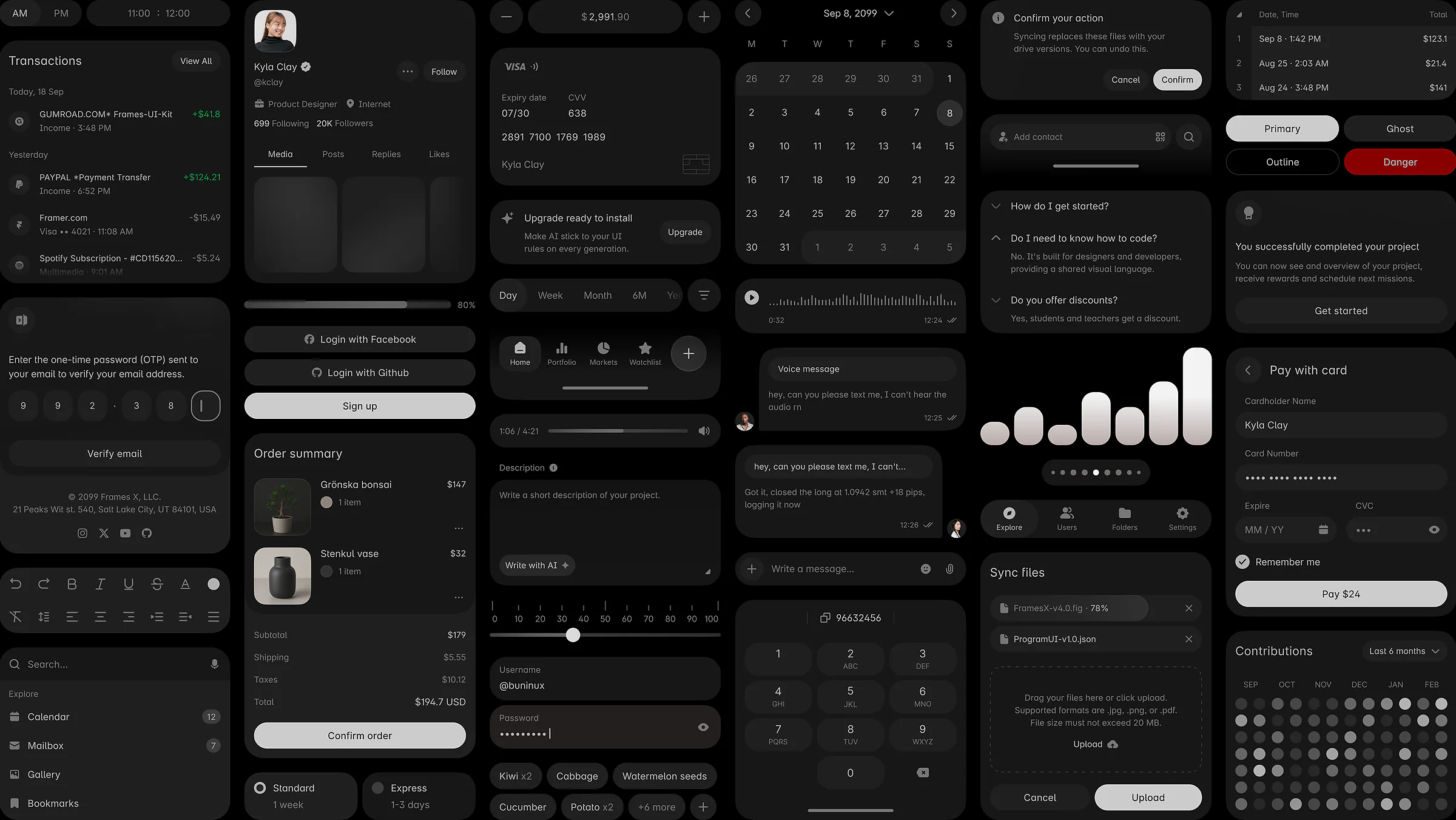 Dark UI component sheet — transactions, calendar, OTP input, chat, file upload, payment form