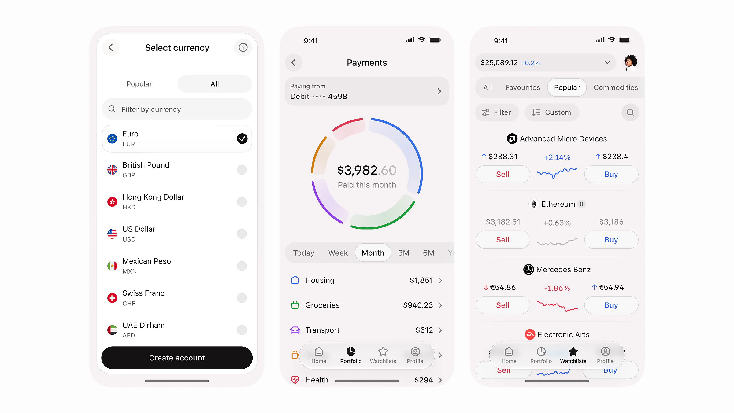 Light fintech app — currency picker, monthly payments donut chart, stock watchlist