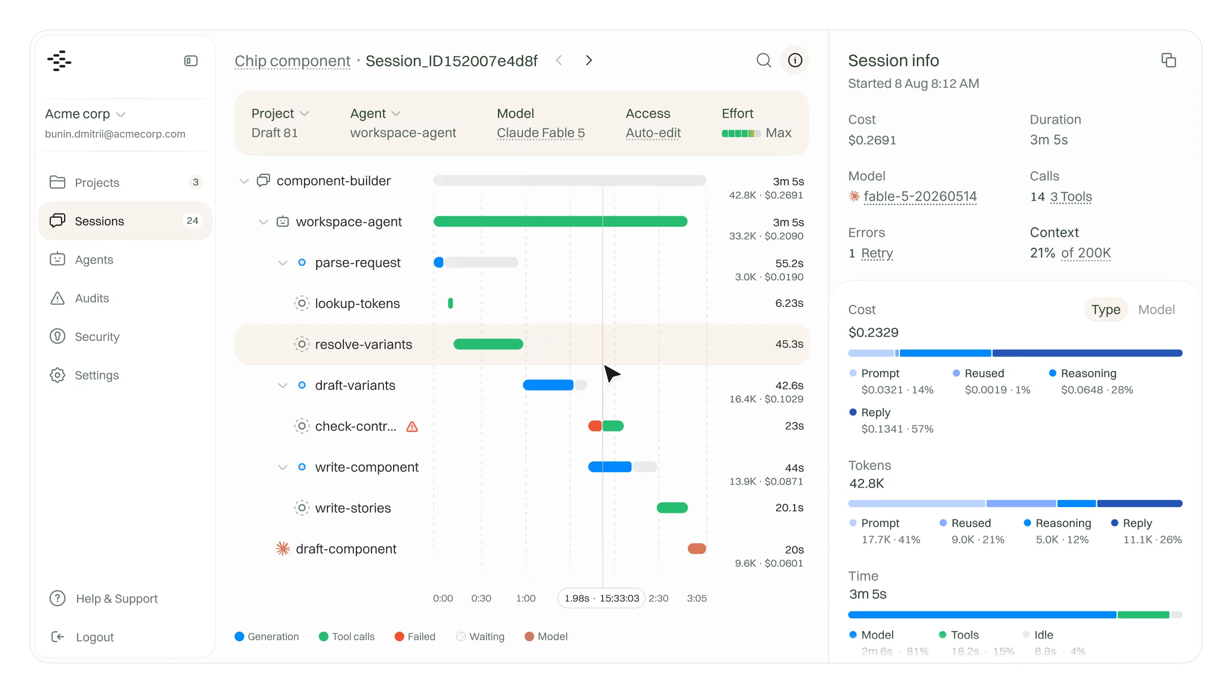 AI agent session tracker — step timeline with cost, tokens and duration per tool call